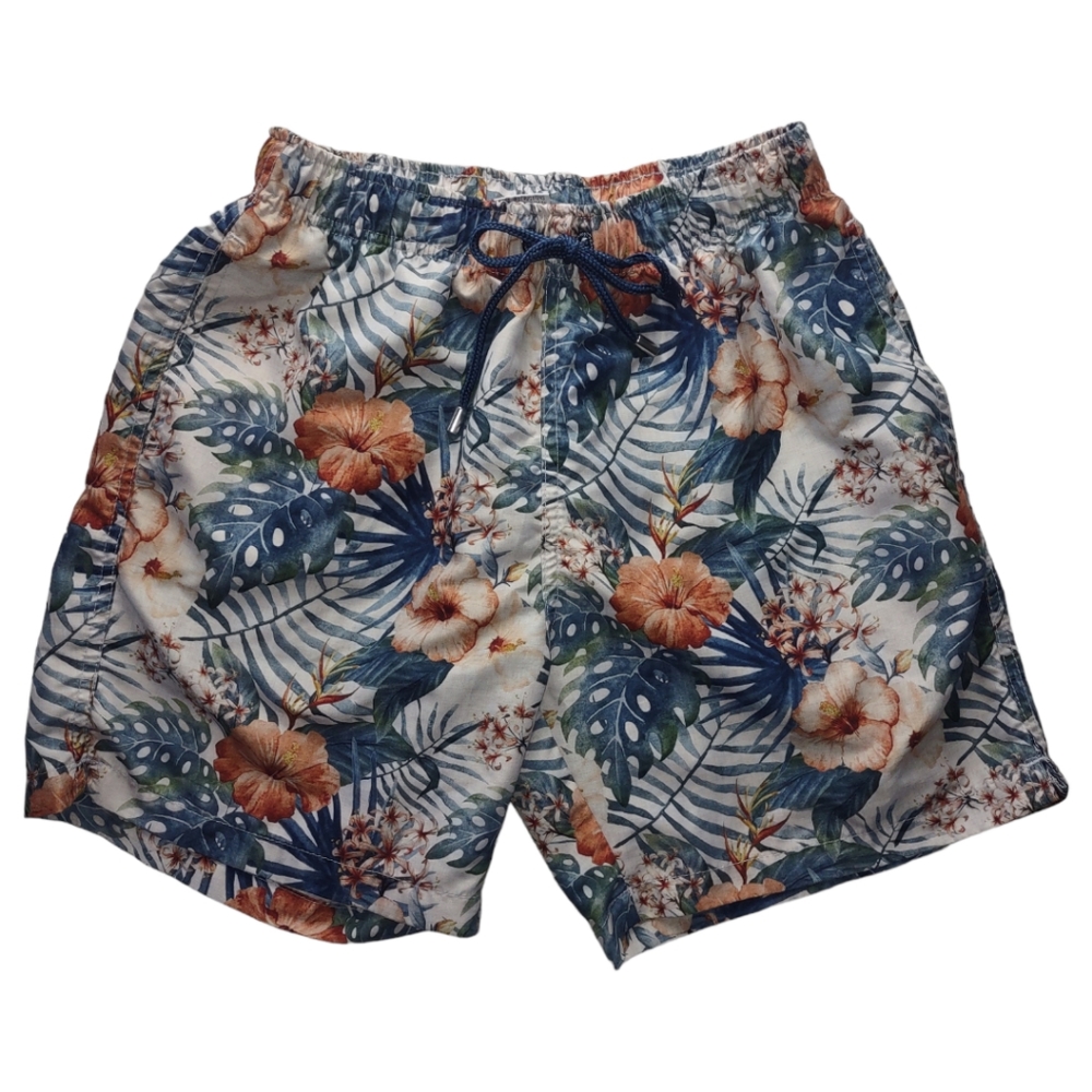 Franks Maui Tropical Blue Orange Floral Print Swim Trunks No Liner Men's Small